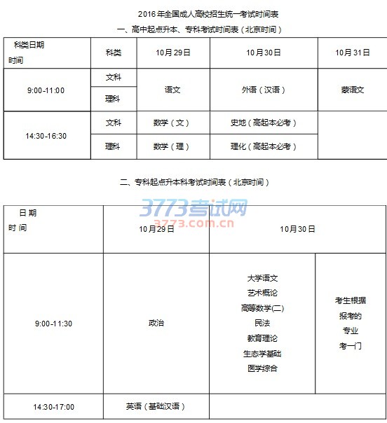 2016年全国成人高校招生统一考试时间表