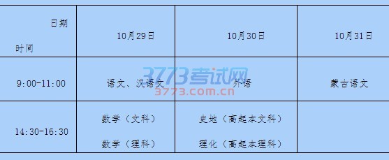 关于2016年内蒙古自治区成人高校招生统一考试各科目时间安排的公告