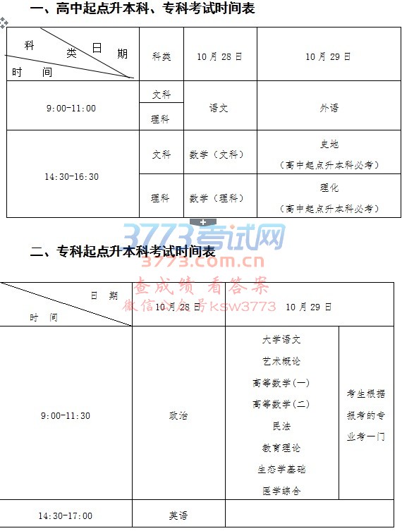 2017年全国成人高校考试招生统一考试时间表