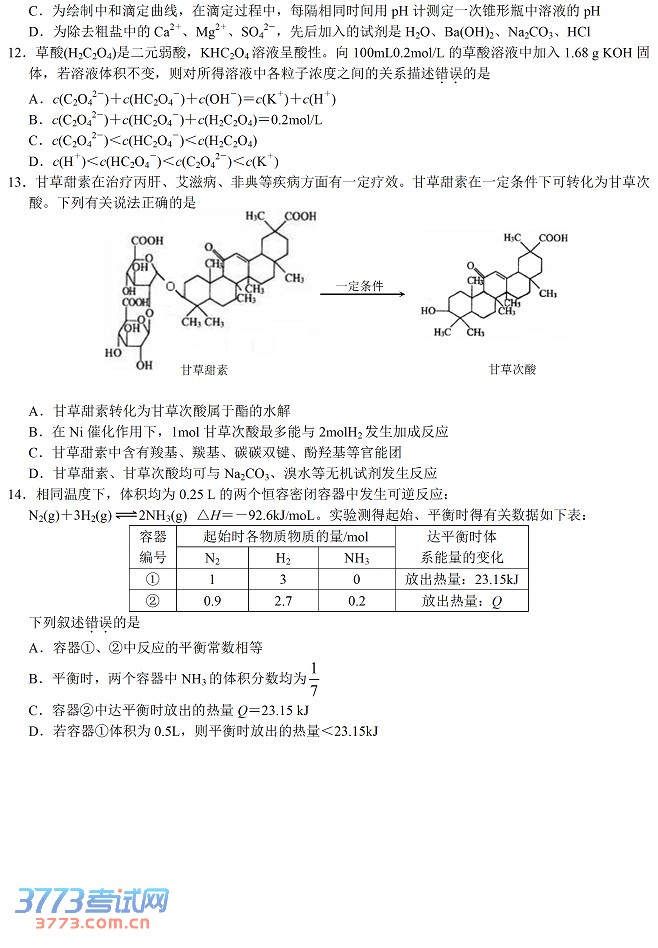 2014江苏南通市高三第一次调研测试化学试题及答案