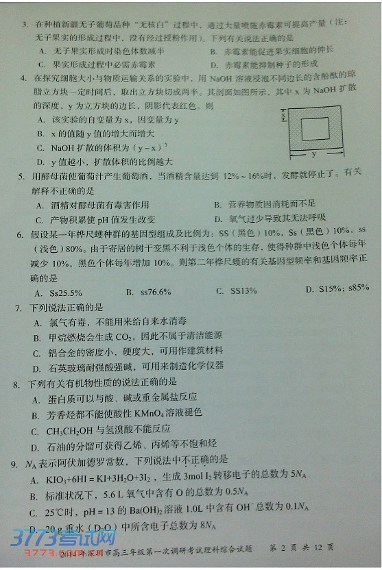 2014深圳一模理综试题及答案