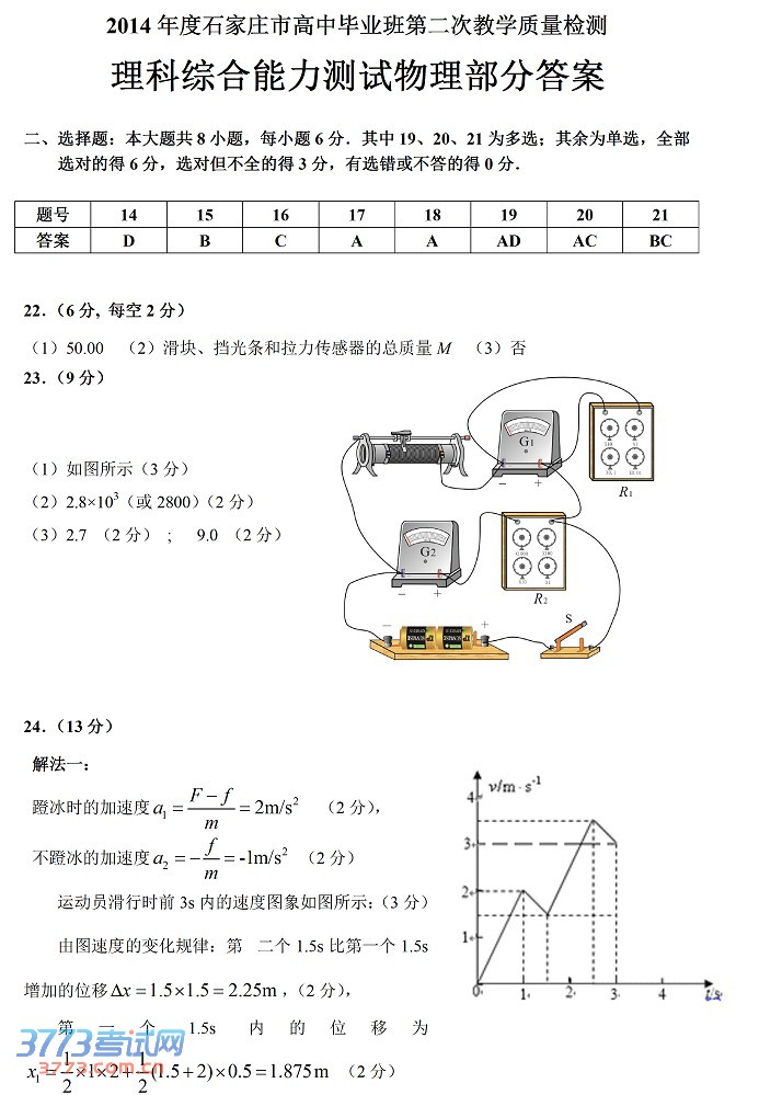 2014石家庄质检二物理答案
