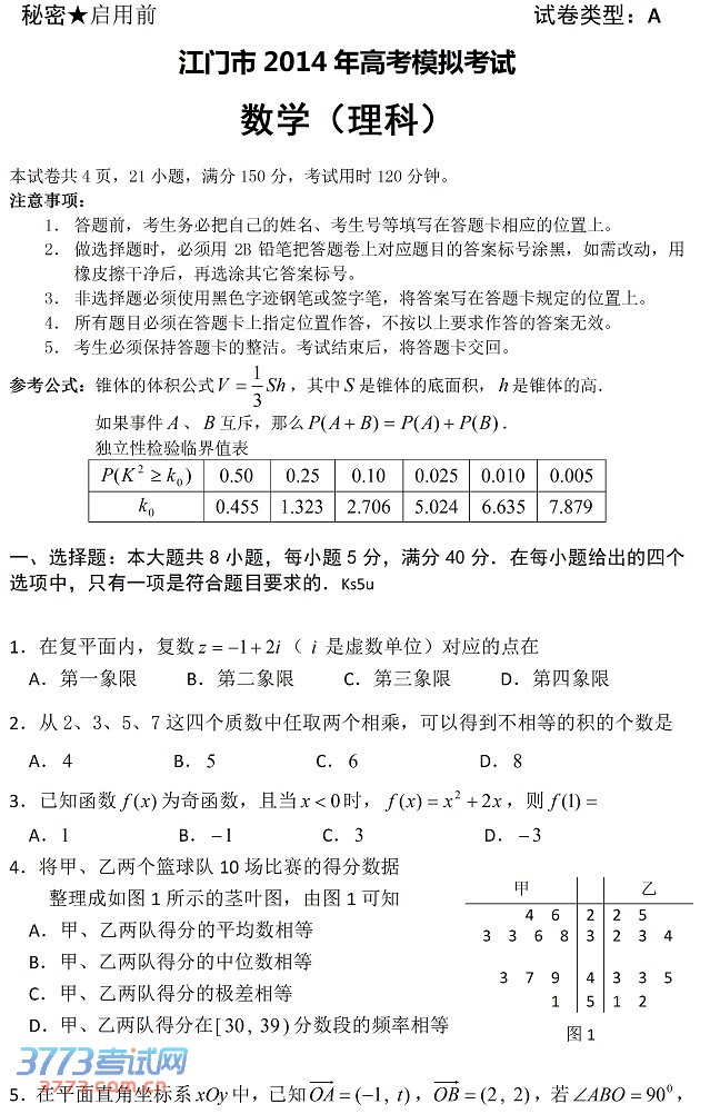 2014江门一模数学试题及答案