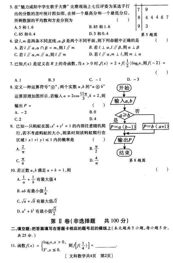 陕西省咸阳市2014年高考模拟考试(二)数学文