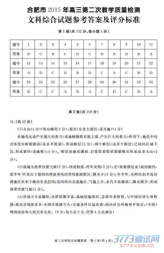 高三文科综合试题答案 第1页(共4页)