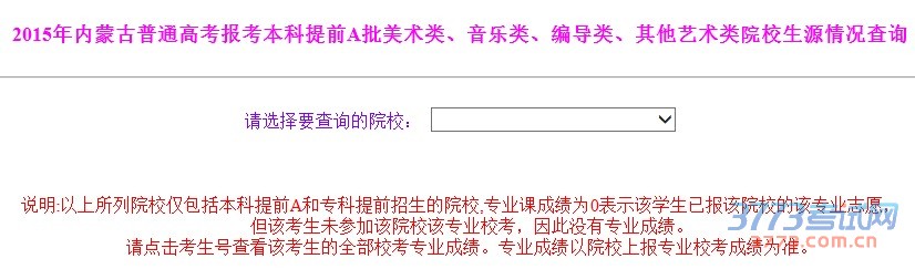2015年内蒙古普通高考报考本科提前A批美术类、音乐类、编导类、其他艺术类院校生源情况查询