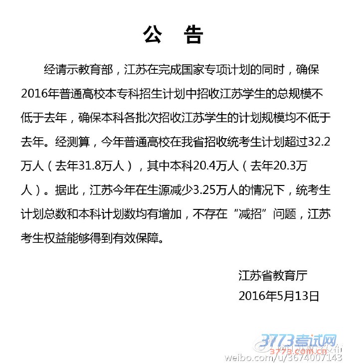 经请示教育部,江苏在完成国家专项计划的同时,确保2016年普通高校本专科招生计划中招收江苏学生的总规模不低于去年