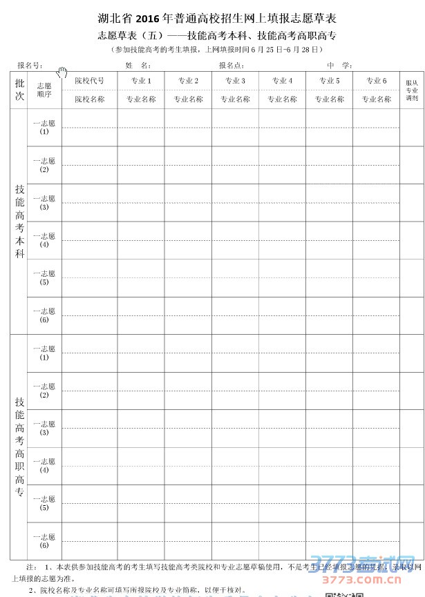 湖北省2016年普通高校招生网上填报志愿草表