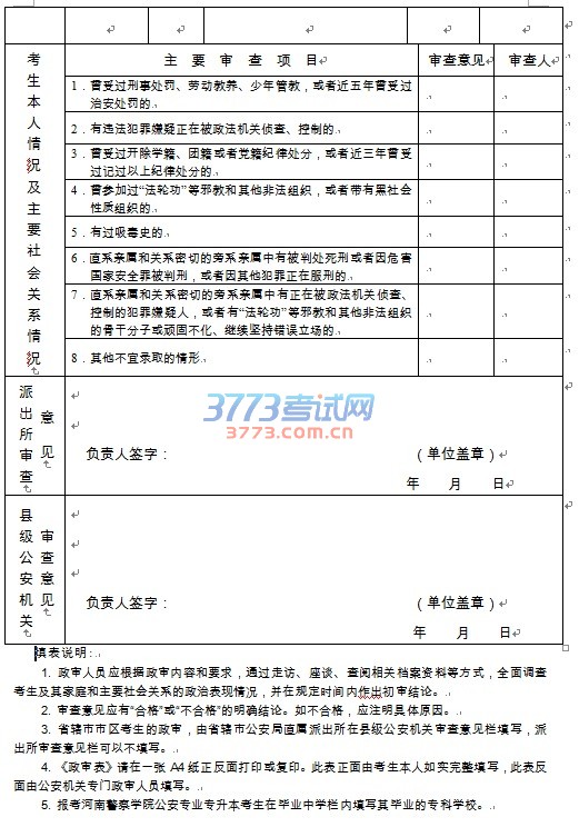 河南省2016年公安院校普通高招考生政审表