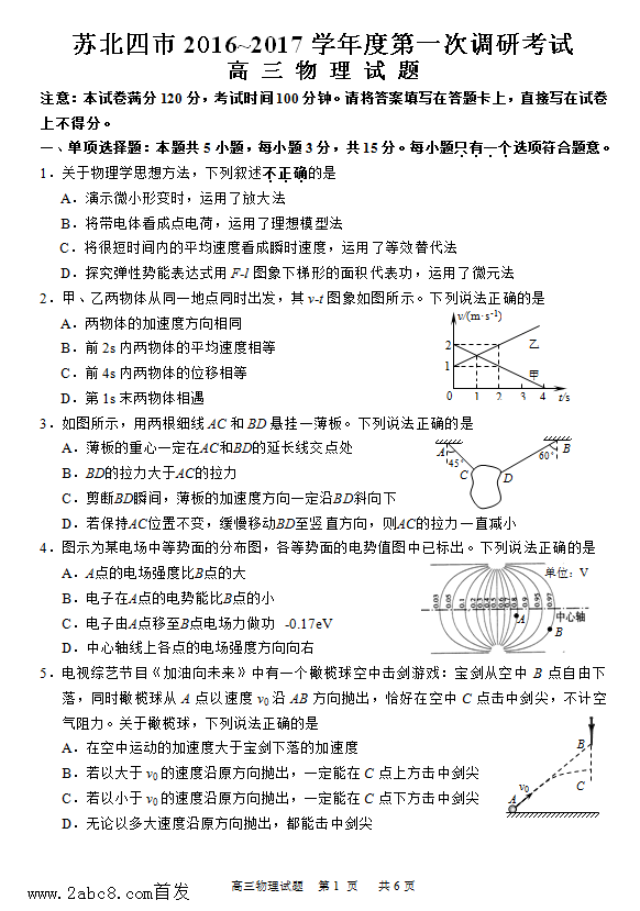 1478958280637721.png 2017苏北四市一模 苏北四市2017届高三第一次调研考试物理试题及答案