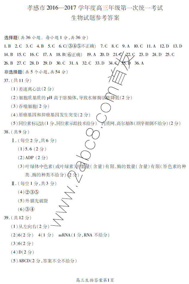 1479814650731700.png 孝感市2016-2017学年度高三年级第一次统一考试生物试题答案