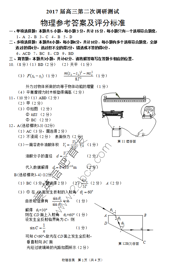 1490277307169251.png 2017南通二模物理答案南通市2017届高三第二次调研测试物理试题答案