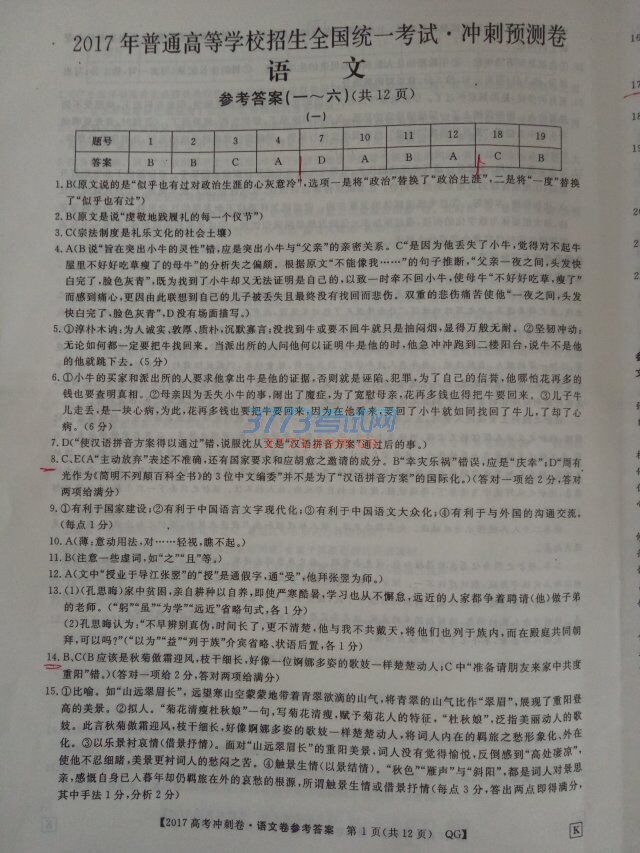 2017߿ԤĴ𰸣1-6