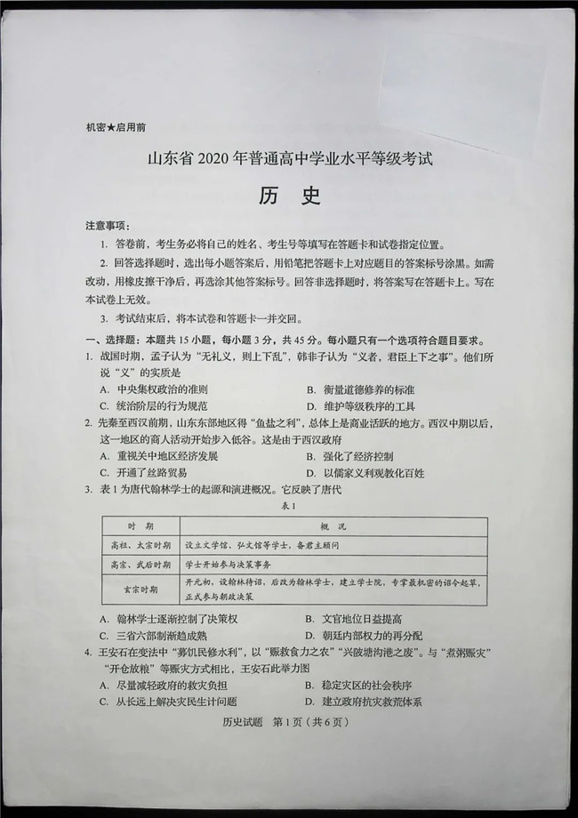 2020ɽ߿ʷ⼰(ѧҵˮƽ)
