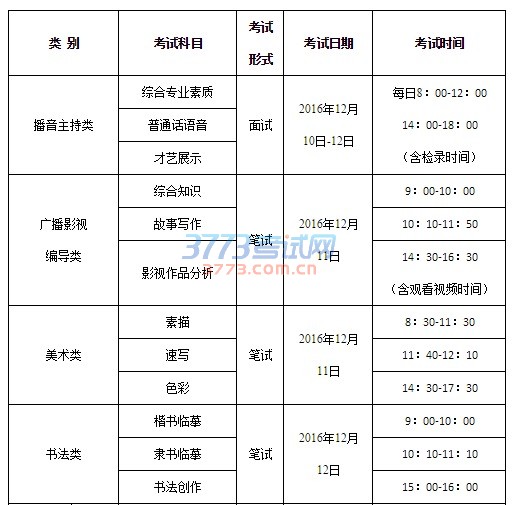 2017年普通高校招生艺术类专业全区统一考试科目及考试时间表