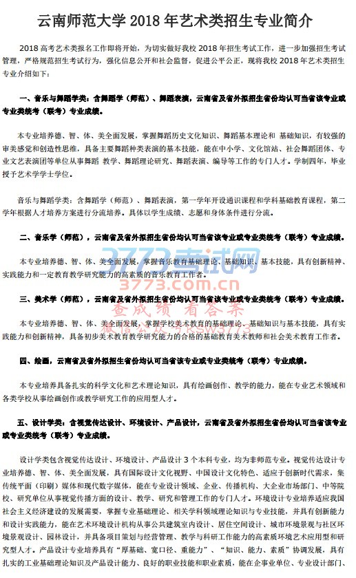 云南师范大学2018 年艺术类招生专业简介