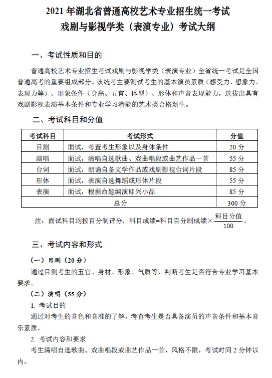 2021 年湖北省普通高校艺术专业招生统一考试戏剧与影视学类（表演专业）考试大纲