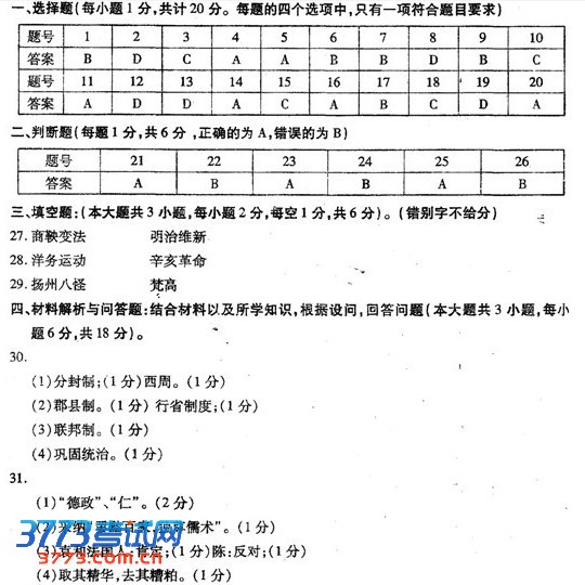 初三历史答案