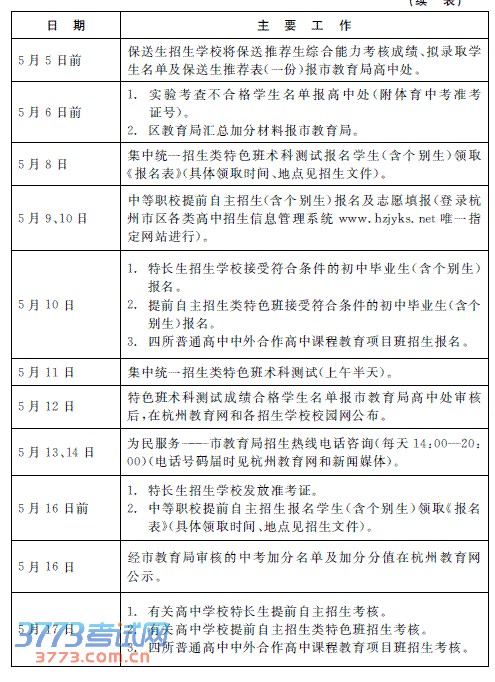 杭州市各类高中招生考试时间安排