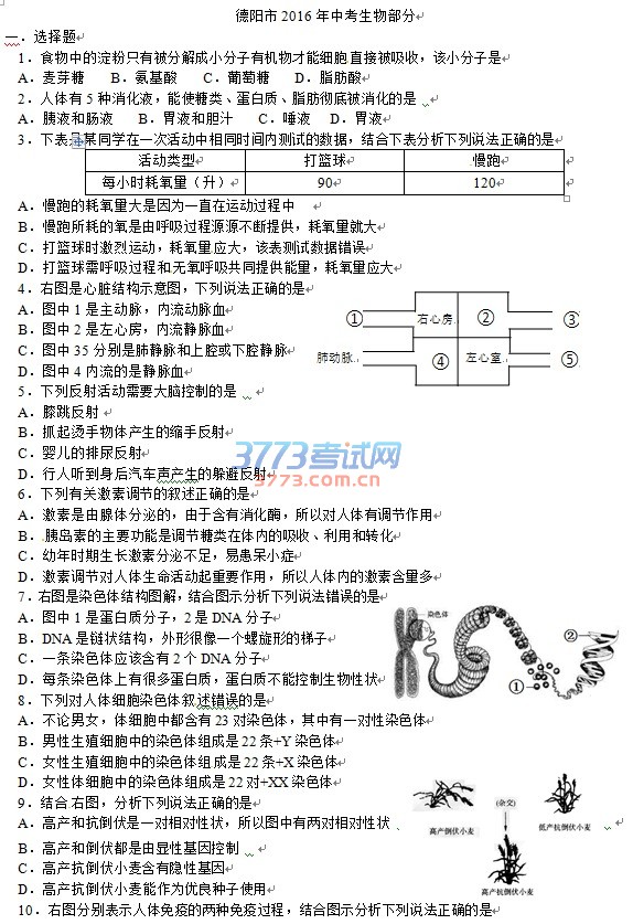 德阳市2016年中考生物部分