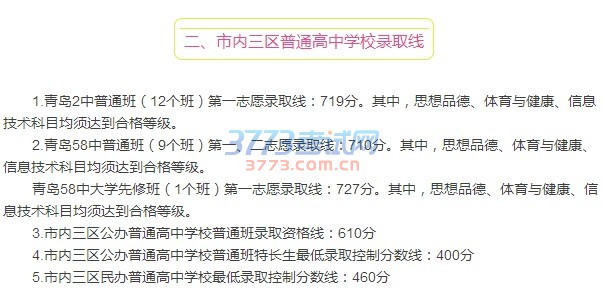 青岛2中普通班(12个班)第一志愿录取线:719分。其中,思想品德、体育与健康、信息技术科目均须达到合格等级。