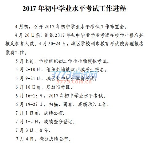 2017 年初中学业水平考试工作进程