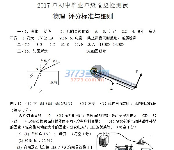 2017年初中毕业年级适应性测试