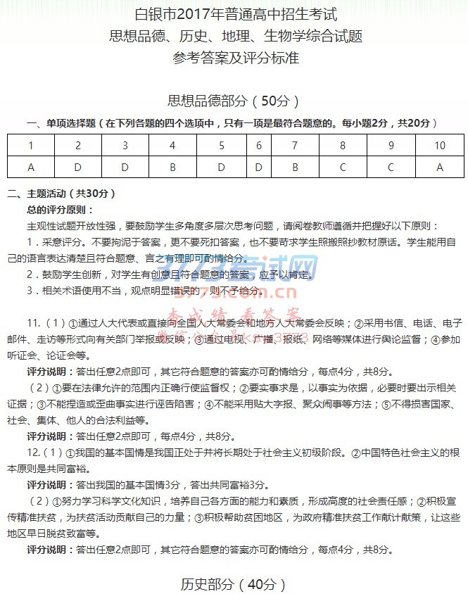 白银市2017年普通高中招生考试