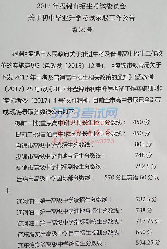2017年盘锦市全部高中录取分数线及录取名单