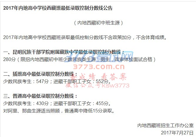 2017年内地高中学校西藏班最低录取控制分数线出炉