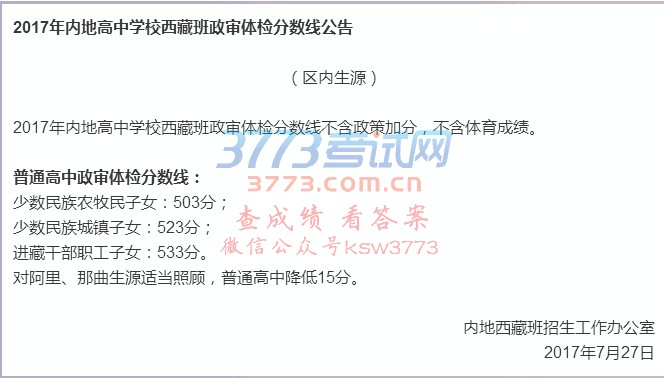 2017年内地高中学校西藏班最低录取控制分数线出炉