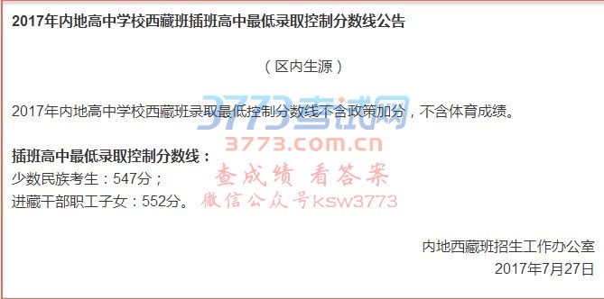 2017年内地高中学校西藏班最低录取控制分数线出炉